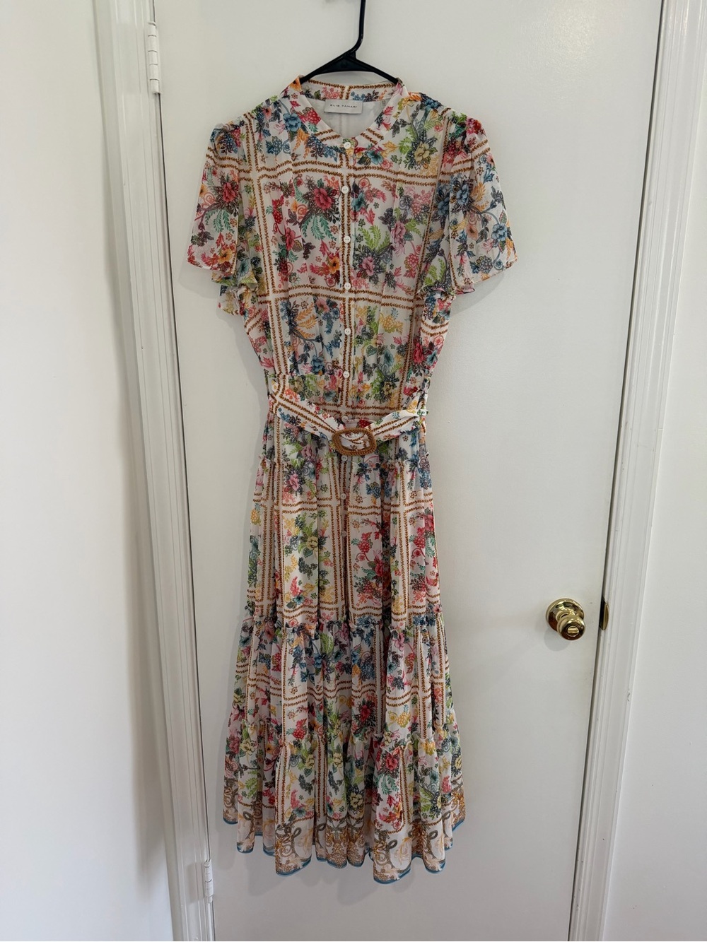 Elie Tahari Tiered Floral-Print Midi Dress Size 16 Cottagecore Romantic Preppy